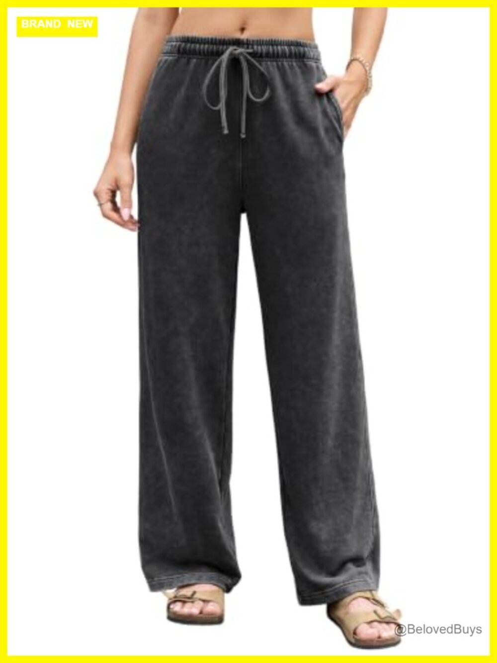 Wide Leg Sweatpants Drawstring Waist Acid Wash Relaxed Fit Cotton Blend